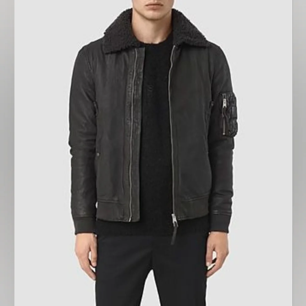 Men's Olin leather aviator Bomber Distressed All Saints Luxury Shearling Collar